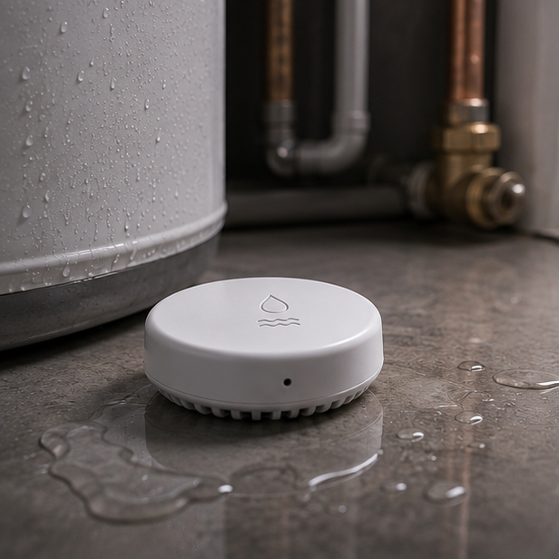 Water sensor detecting a leak near a water heater