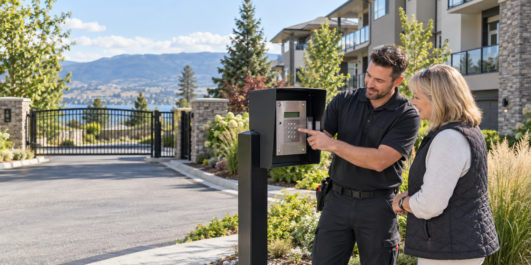 AVS technician showing a resident a gate access panel