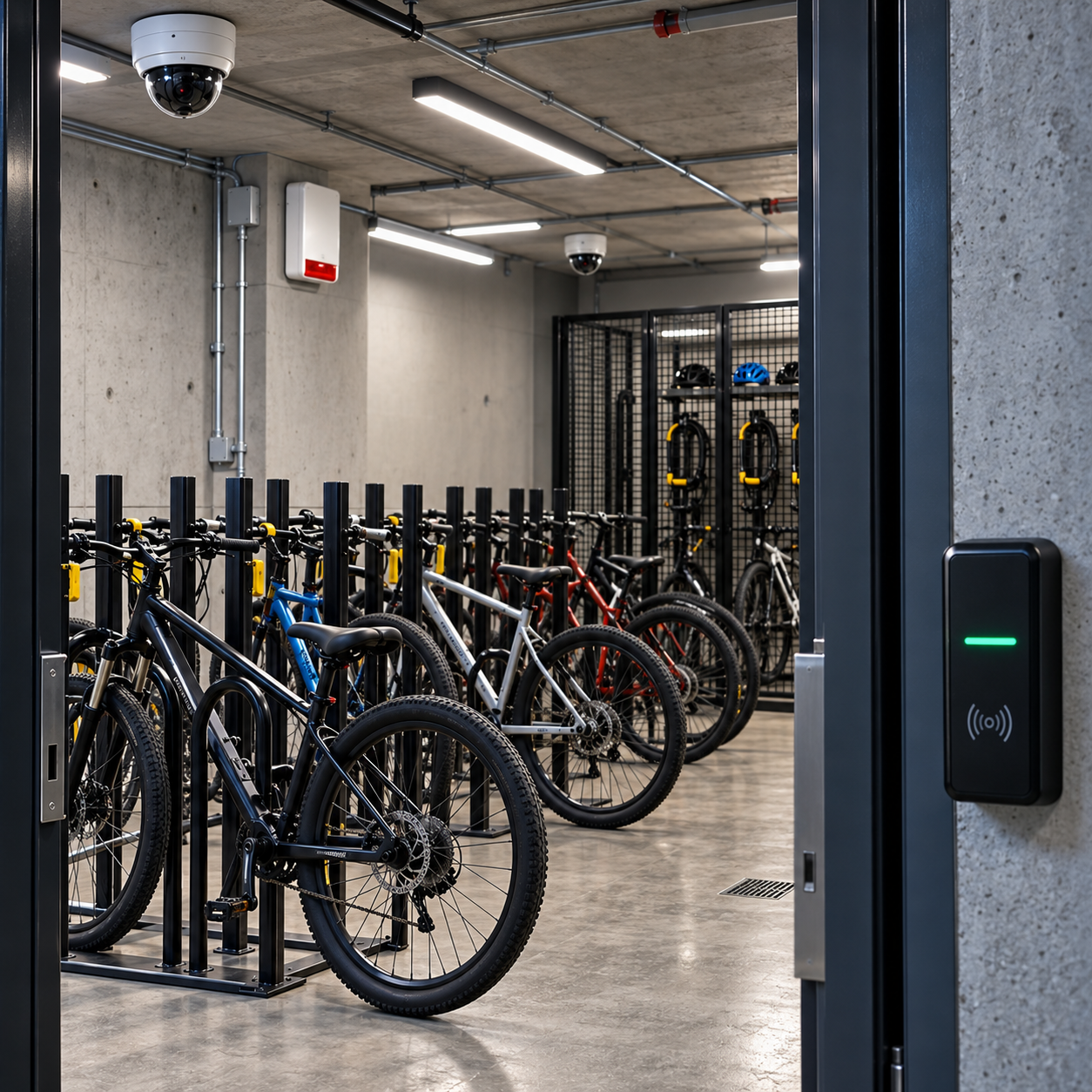 Secure bike room with access-controlled entry and camera coverage