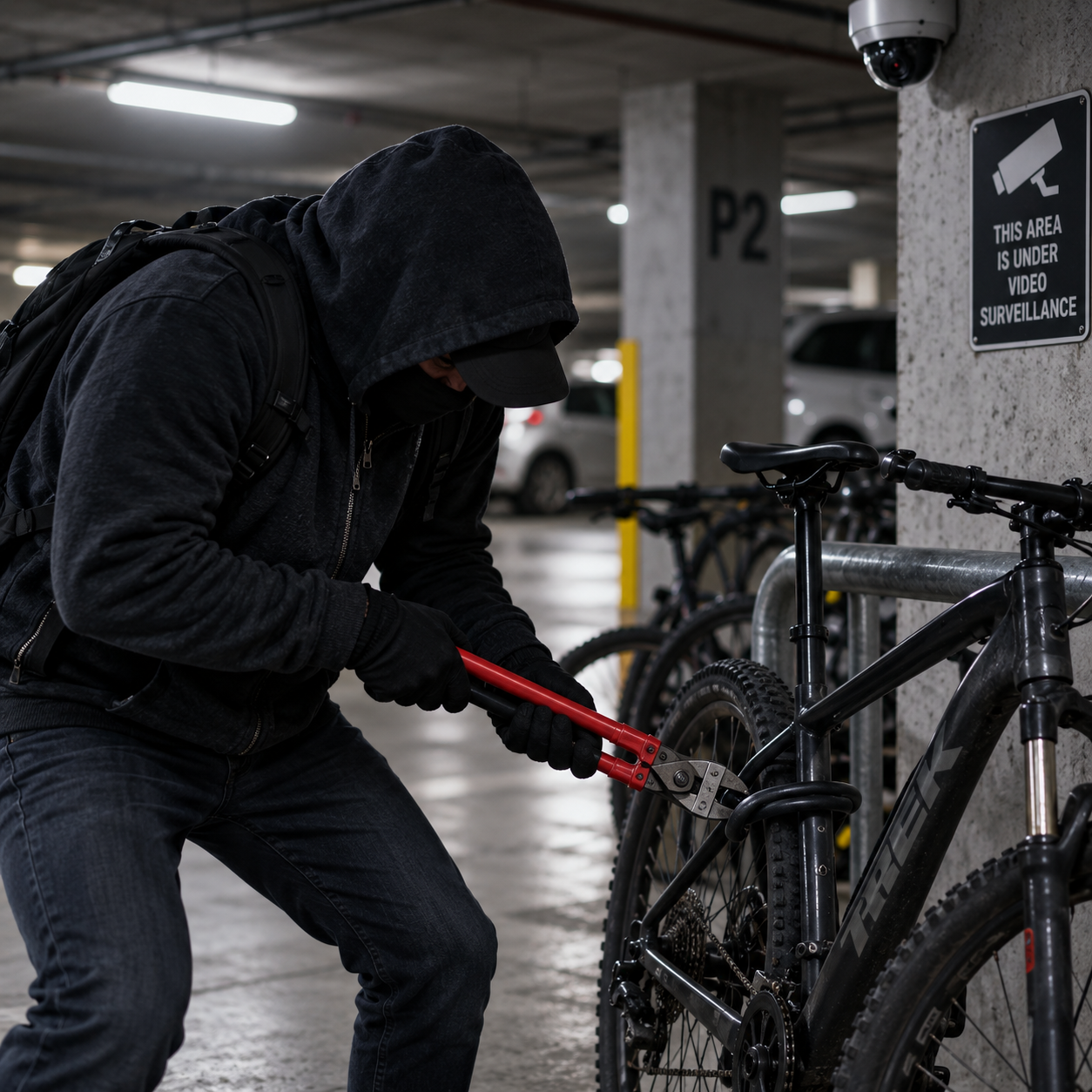 Thief cutting a bike lock in an underground parkade