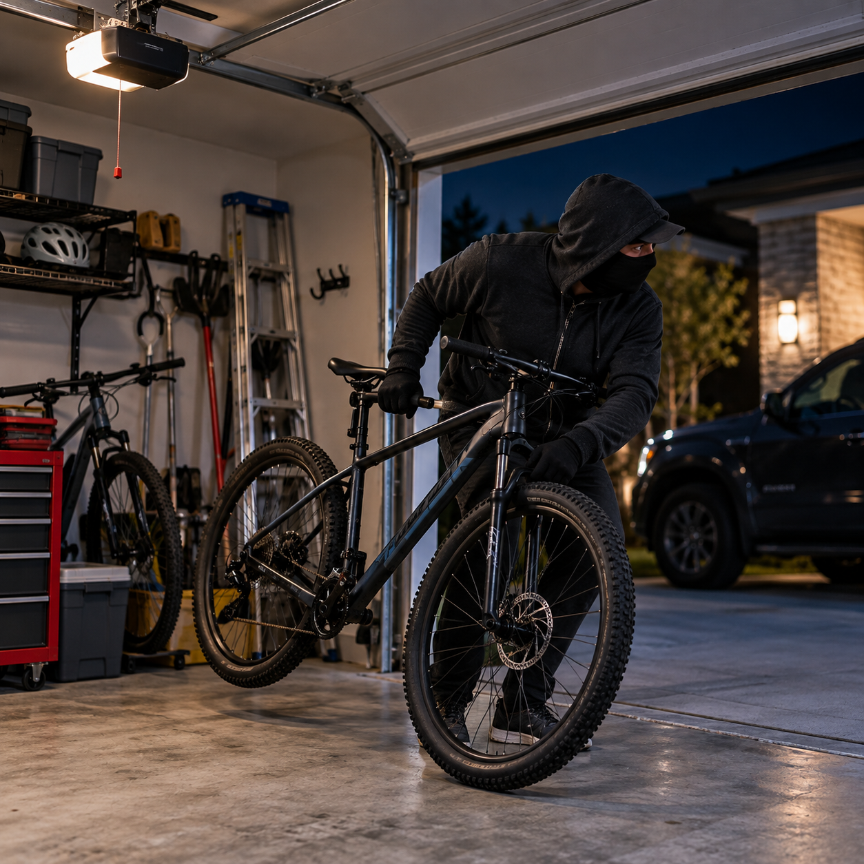 Thief taking a bike from an open home garage at night