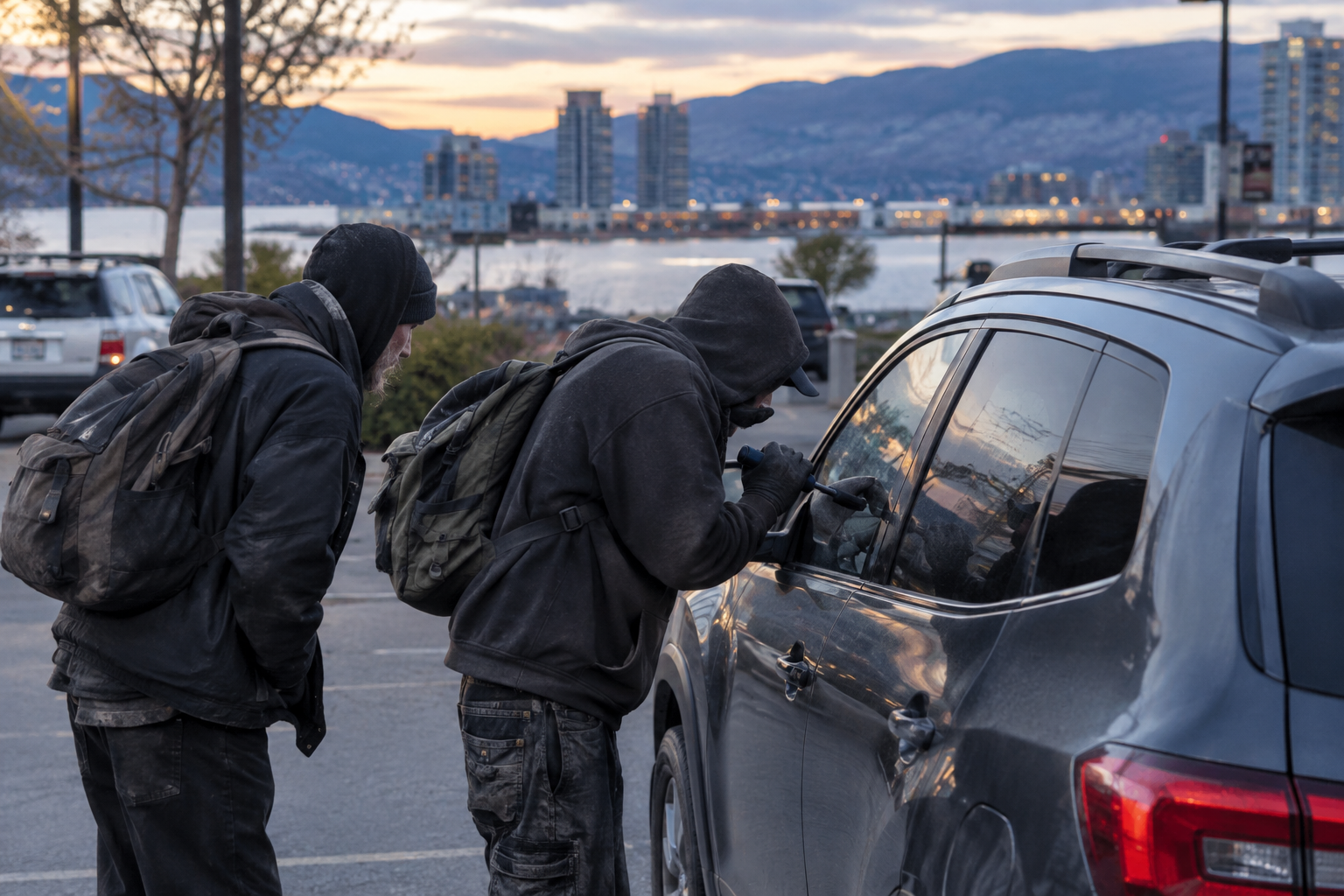 Two people breaking into a parked car at night