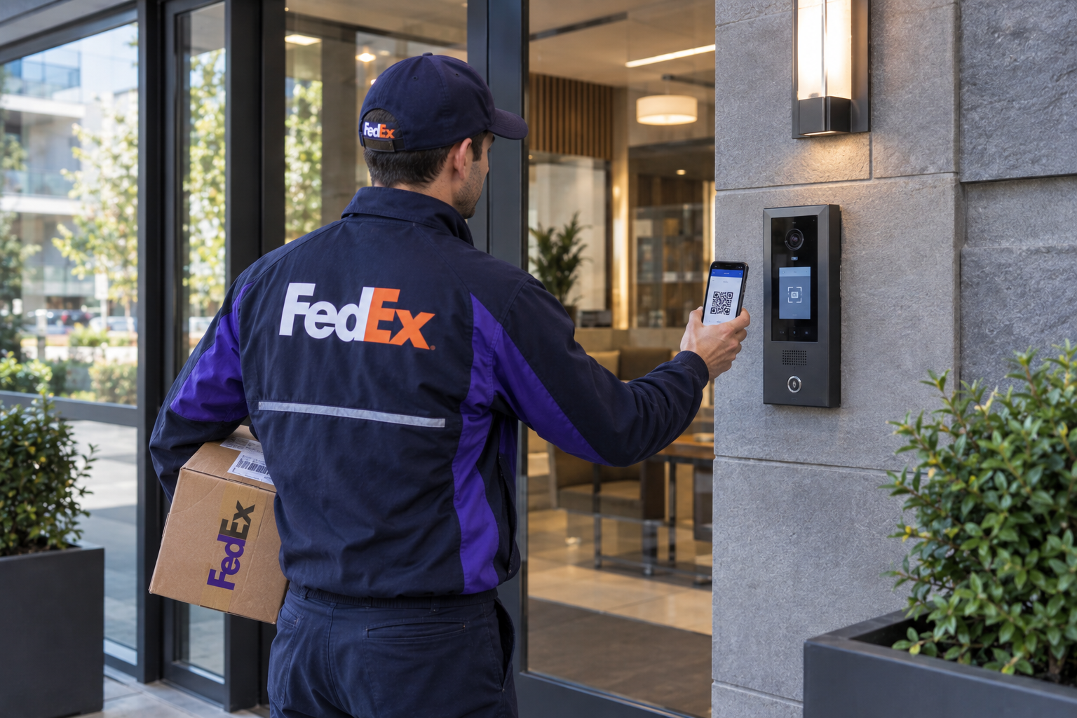 Delivery courier using an access control keypad at a building entrance