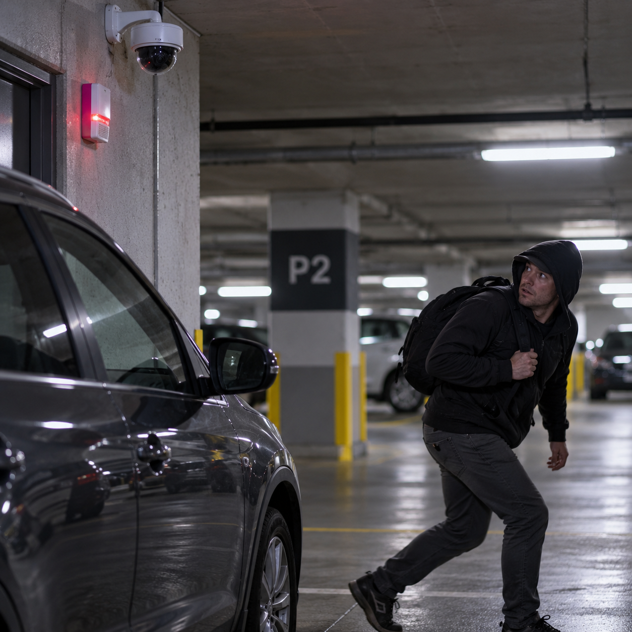 Security camera capturing someone fleeing a parkade at night