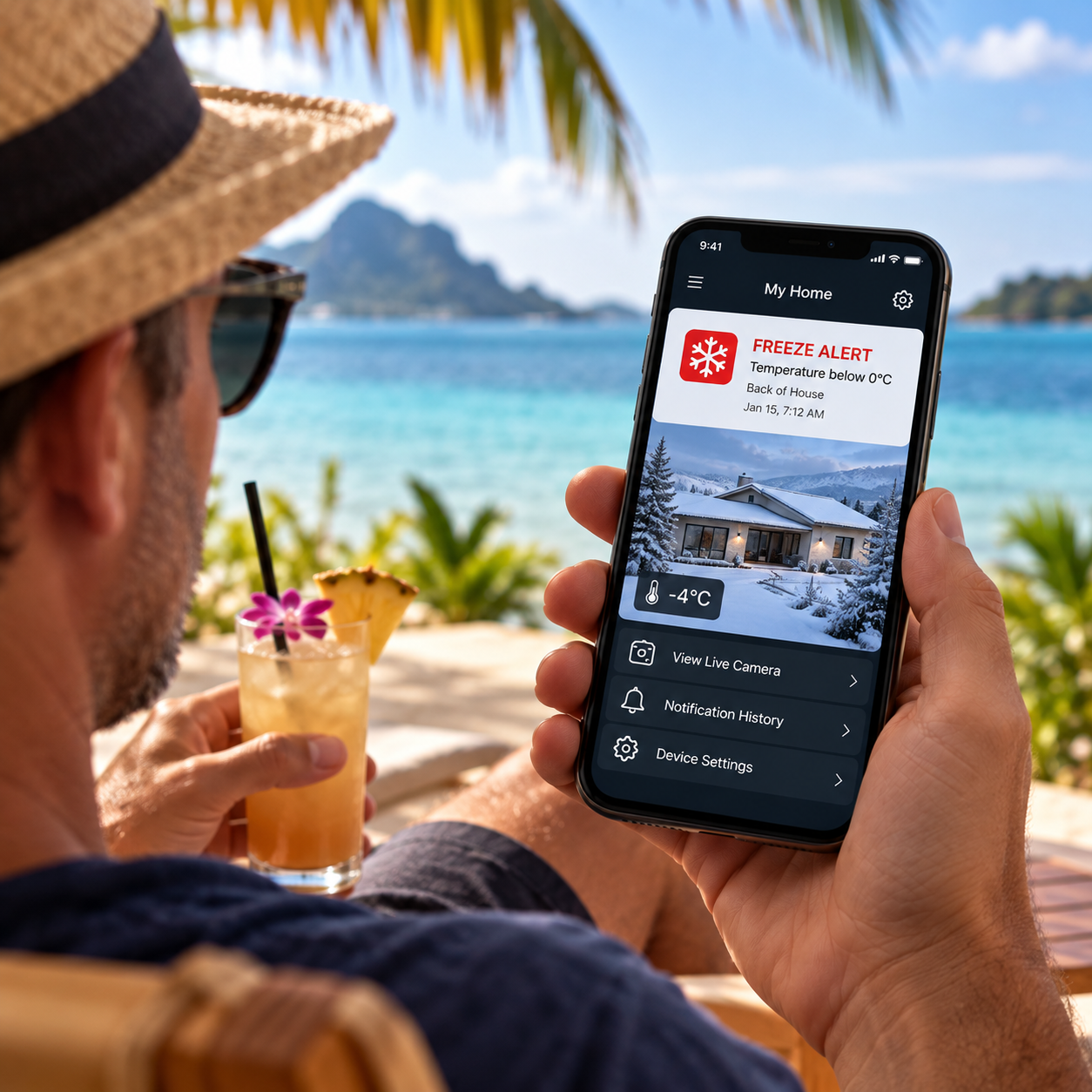 Homeowner on vacation getting a freeze alert notification on their phone