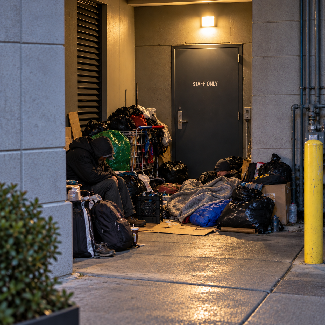Person sleeping in a building entrance downtown