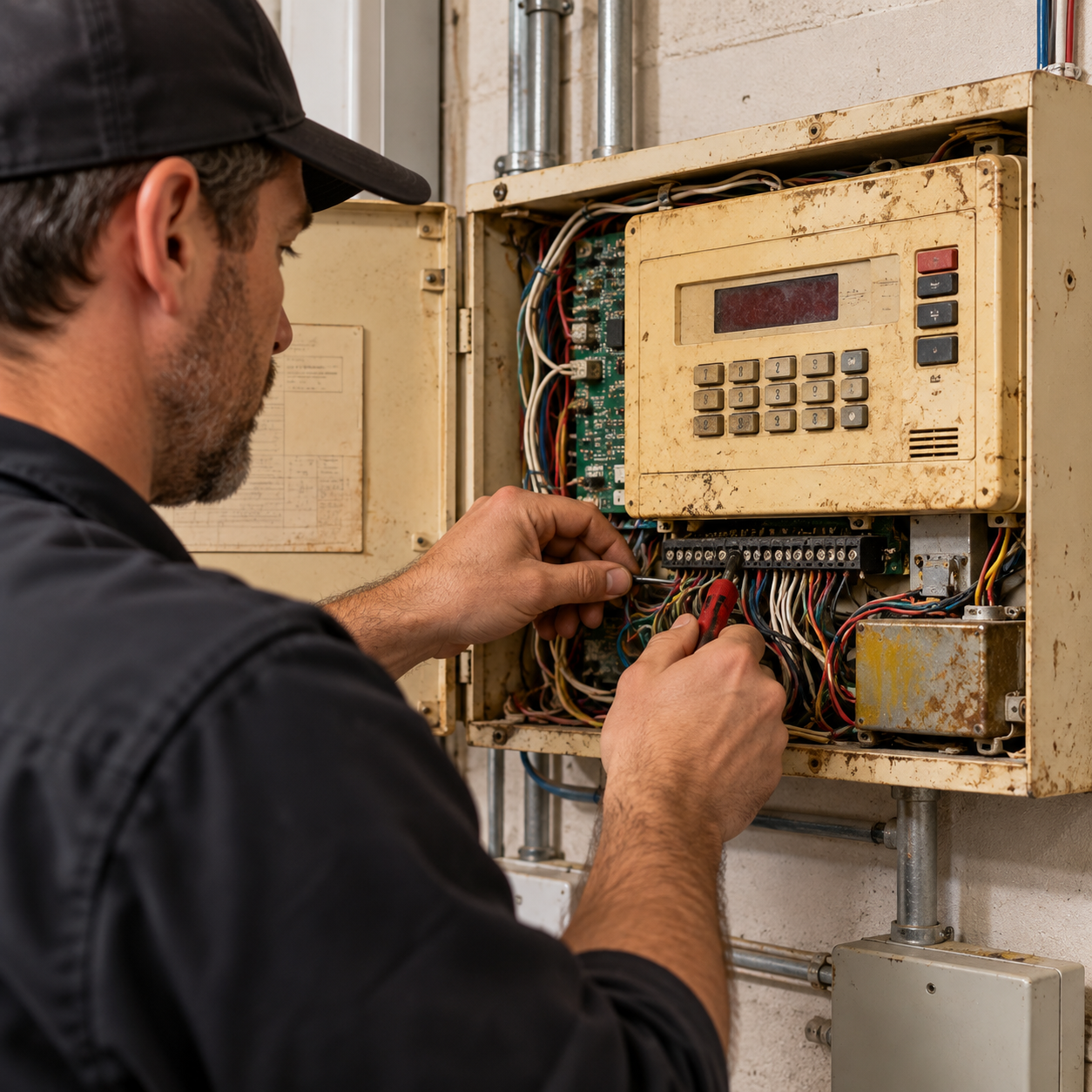 Technician repairing an old, worn alarm panel with tangled wiring