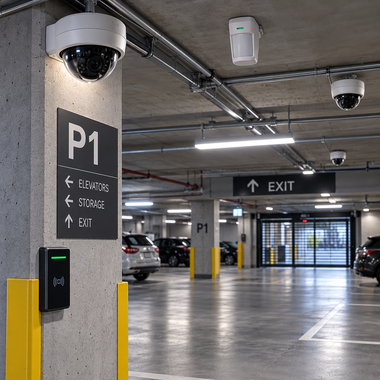 Security camera and access control mounted in a parkade