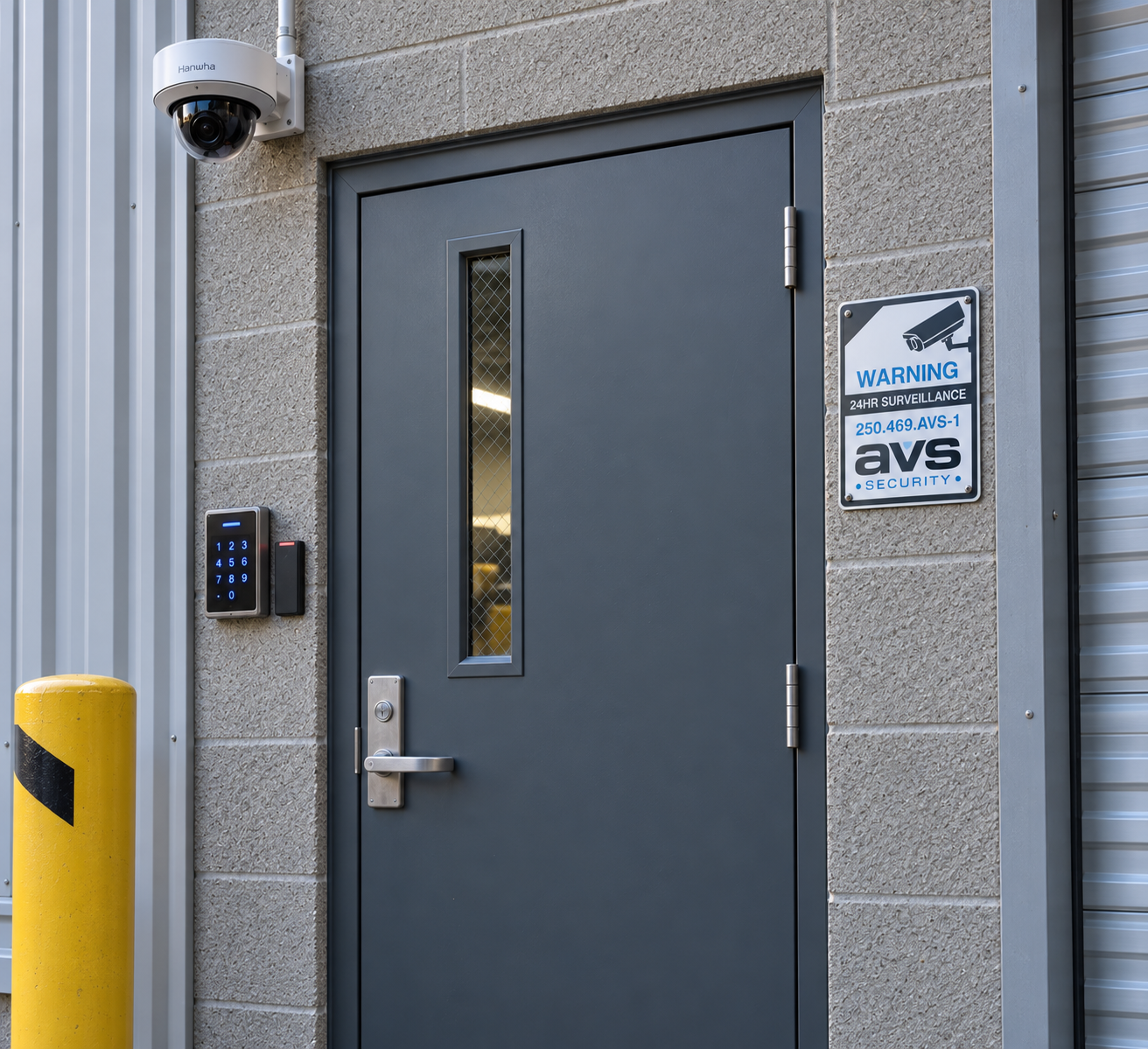 Secure commercial door with access control and camera