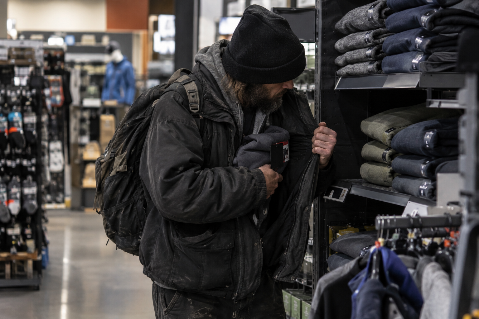 Person shoplifting merchandise in a retail store